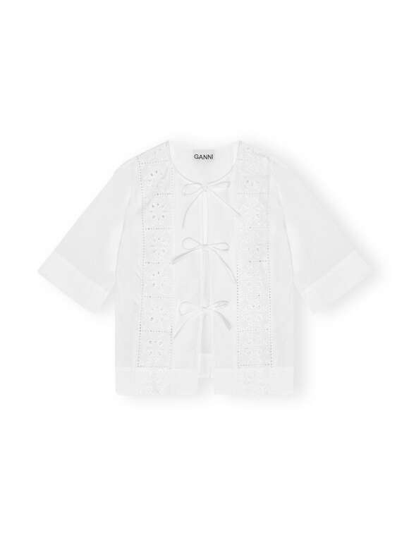 Ganni - White Broderie Anglaise Tie Bluse