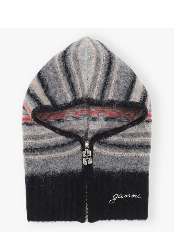 Ganni - Grey Striped Soft Wool Balaclava