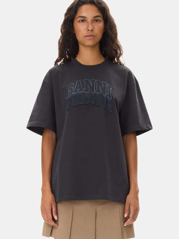 Ganni - Black Heavy Cotton Drop Shoulder Fringe T-shirt