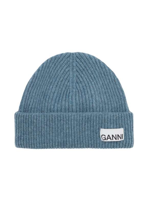 Ganni - Blue Fitted Rib Knit Wool Beanie 