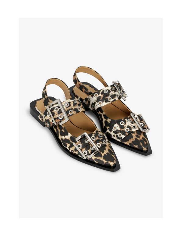 Ganni - Leopard Satin Feminine Buckle Ballerinas